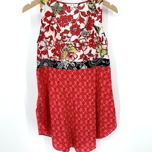 CAbi #948 XS Red Floral Butterfly Empire Tie Waist Silk Blouse Shirt Top Tunic